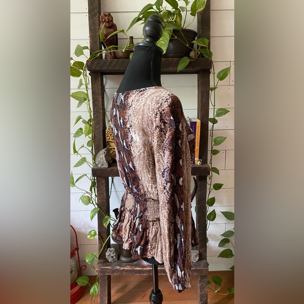 Angie: Brown, Black, Tan and White 100% Rayon Boho Snakeskin Blouse - Picture 12 of 17